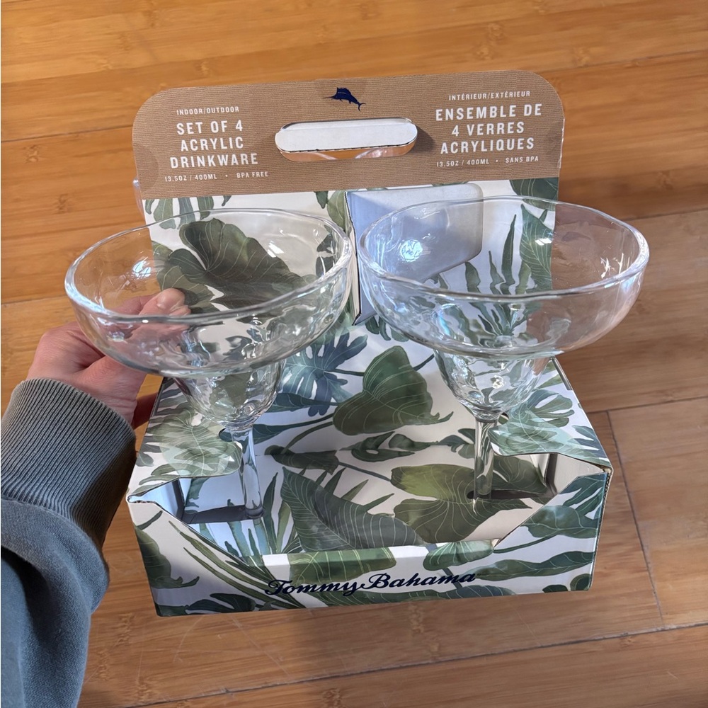 Tommy Bahama Clear Acrylic Margarita Glasses Set with Tropical Leaf Pack